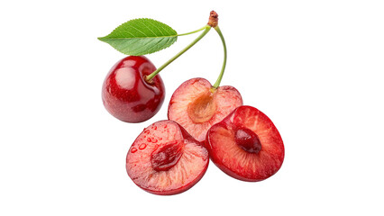 vibrant red Cherry with slices isolated on transparent background