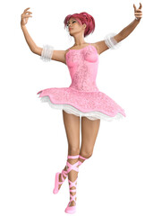 Elegant 3D rendered ballerina in pink dress with tutu and pointe shoes, performing a classical ballet pose. Dance, performance, and ballet-themed digital artwork with abstract female character.
