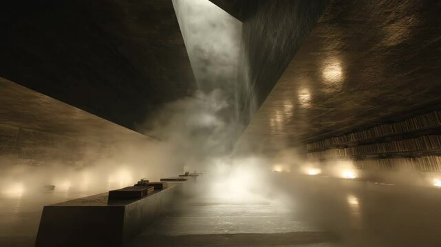 Fog-filled cavern reveals vast unknown section of agartha. Light cuts through ancient mist, suggesting agartha architecture deep below surface. Hidden paths of agartha stretch endlessly. 