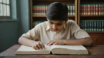 A visually impaired boy reads a braille textbook with a focused expression in a quiet reading corner of a school library, illuminated by sunlight, fostering an inclusive learning environment - Powered by Adobe