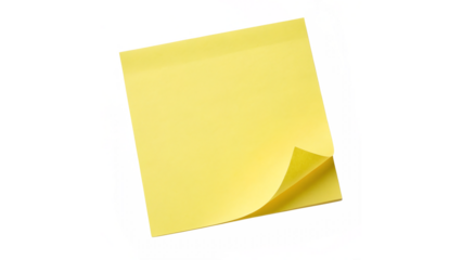 Bright yellow sticky note with a folded corner isolated on transparent background