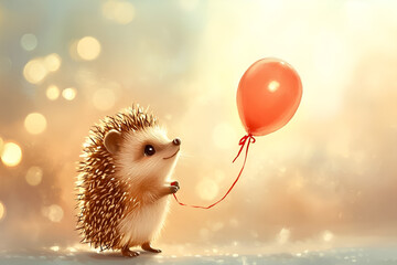 cute hedgehog holding red balloon. kids card with space for text
