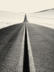 A straight road in the middle of magnificent sand dunes, dramatic photo, simple line drawing, symmetrical composition, at dusk, master of landscape photography, film emulsion fading effect