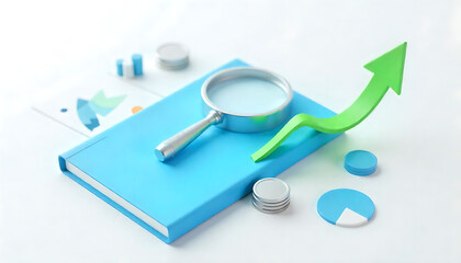 Blue folder with magnifying glass, bar chart, green upward arrow, coins and disc isolated on white background. Concept of business growth. 3D Rendering
