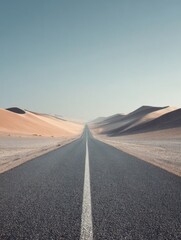 A straight road in the middle of magnificent sand dunes, dramatic photo, simple line drawing, symmetrical composition, at dusk, master of landscape photography, film emulsion fading effect
