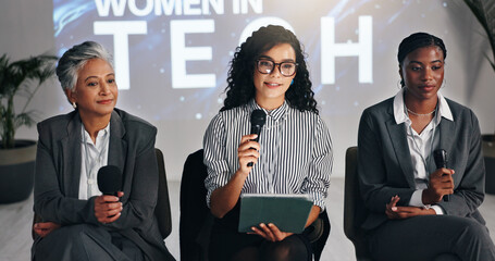 Business women, seminar or mic with tablet for presentation, discussion or tech summit at workplace. Female people, employees or group with technology for speech, convention or corporate tradeshow
