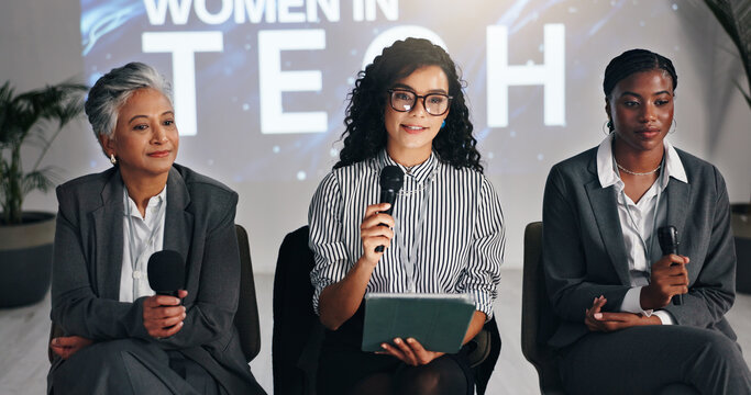 Business women, seminar or mic with tablet for presentation, discussion or tech summit at workplace. Female people, employees or group with technology for speech, convention or corporate tradeshow