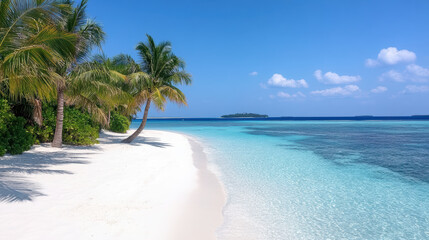 Serene sandy beach with palm trees and clear turquoise water creates tropical paradise