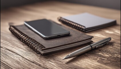 Dark smartphone resting on leather-bound notebooks, next to pen on a wooden table