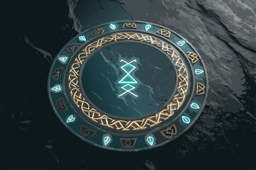 Create a fantasy illustration of a glowing rune border etched into a polished obsidian stone tablet.  The runes should emit a vibrant, ethereal light.