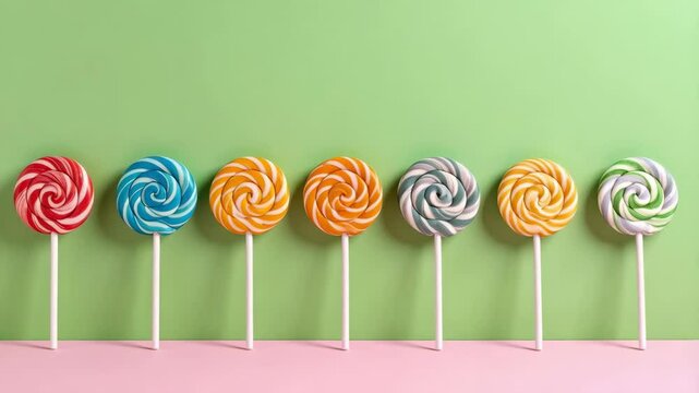 Assorted colorful spiral lollipops candy on sticks arranged in a row against a green and pink background for graphic design elements.
