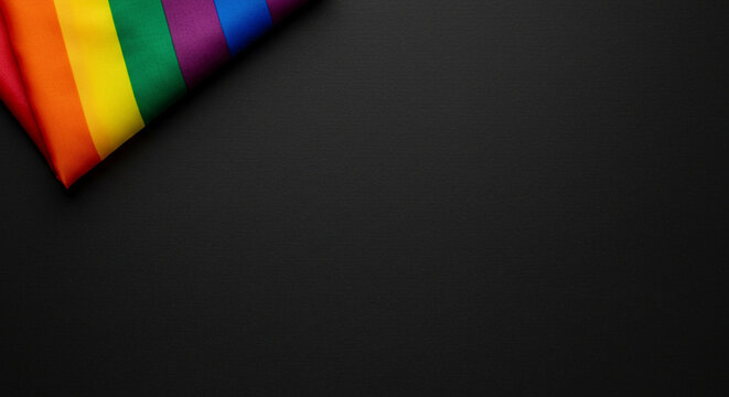A corner view of a folded rainbow flag on a black background with copy space on the right side business.selling ,purchasing,agreement 