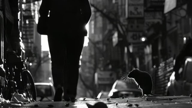 In a busy city environment, rats deftly navigate among pedestrians on a crowded sidewalk. Their movements are subtle and go largely unnoticed by the people rushing by