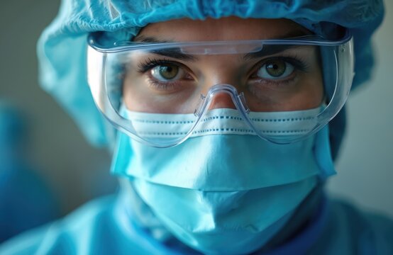 Medical pro in protective gear, looking intently at camera. Face mask, eye protection, cap cover. Doctor, nurse, healthcare worker in sterile environment. Concept medical care. Pandemic, healthcare,