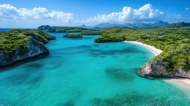 Breathtaking view of turquoise waters and lush green islands under clear blue sky - Powered by Adobe