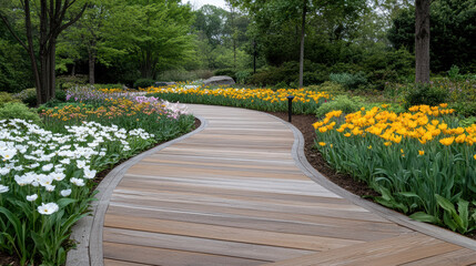 Obraz premium Wooden walkway meanders through vibrant flower patches, creating serene atmosphere