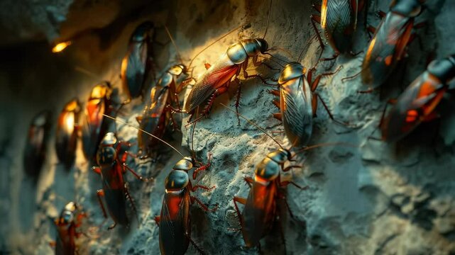 Cockroaches gather in the shadows of a basement corner. Segmented bodies move across the walls under the beam of light. A dark, damp environment encourages their presence