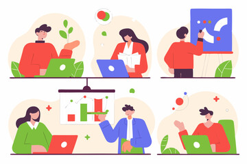 business man and woman with graphic and work result presentation with media social gadget