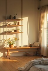 Warm sunlight illuminates a cozy, minimalist living space.