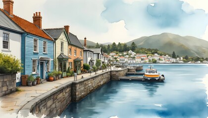 A picturesque coastal village with colorful houses, a stone seawall, and a calm harbor with boats, all set against a backdrop of rolling hills and a clear sky.