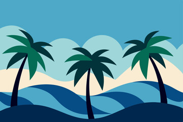 Tropical Paradise Palm Trees and Ocean Waves Illustration