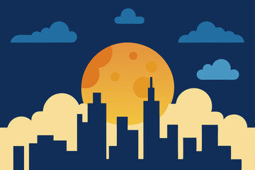 Fototapeta premium Night urban cityscape silhouette with moonlit buildings