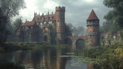 Obraz premium stunning medieval castle surrounded by lush greenery and serene lake, evoking sense of mystery