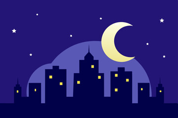 Dark urban night city skyline with moon and stars illustration