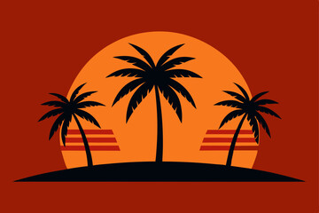 Silhouetted palm trees frame a vibrant sunset over a tropical beach, evoking summer paradise