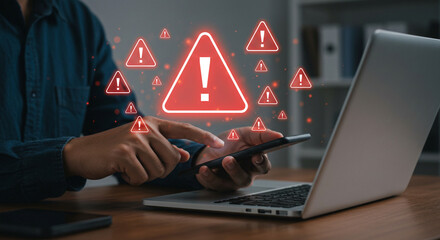 A person using a smartphone with a laptop nearby surrounded by red warning sign exclamation points business.selling ,purchasing,agreement 