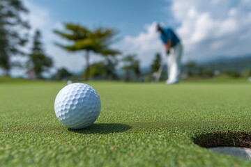 Close-up of a white golf ball near the hole on a lush green fairway with a golfer in blue shirt preparing to swing, set against a clear blue sky and tranquil outdoor golf course environment