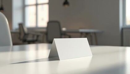 Blank white place card on a modern office table. Minimalist design for business event. Neutral backdrop for text, company logo. Pro workspace, business card, conference. Empty, light, no people.
