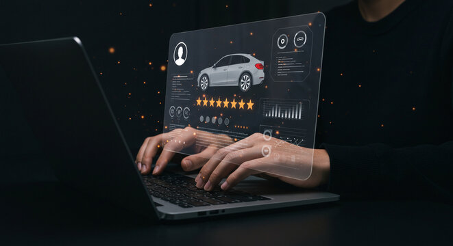 Person typing on laptop with car review interface on screen showing stars and data visualization business.selling ,purchasing,agreement 
