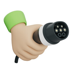 Cartoon Hand holding type 2 EV plug, electric charger connector for car, symbol of green energy, power, sustainability, portable solution, smart charging. Transparent background, 3d illustration.