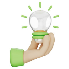 Idea bulb icon held by cartoon hand, innovation, green energy, knowledge, and eco-friendly solution. Ideal for technology, science, and sustainability themes. Transparent background, 3d illustration.