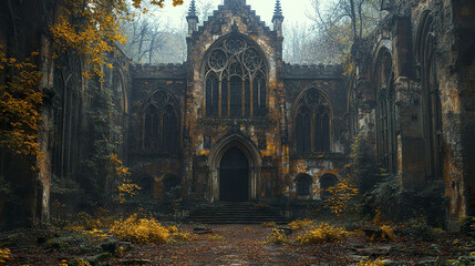 Ancient ruins with gothic architecture surrounded by autumn foliage evoke sense of mystery