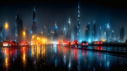 City Skyline at Night with Wet Road and Car