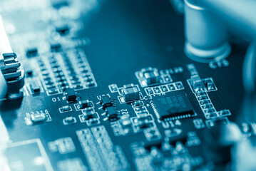 Abstract, Close up at electronic circuits, we see the technology of the mainboard, which is the...