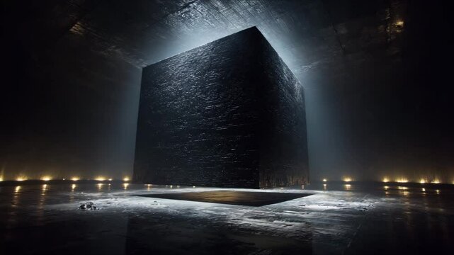 Mysterious black monolith stands inside hidden chamber of ancient civilization. Powerful presence of ancient civilization echoes through massive underground vaults. Ancient civilization built this wit
