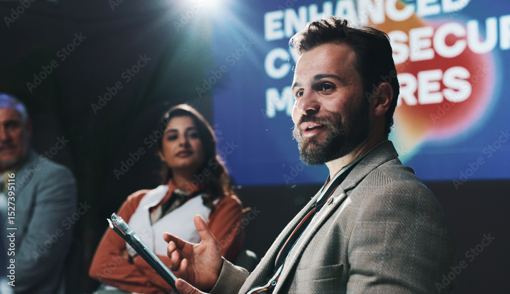 Poster tablet, team and conference with business man at summit for cybersecurity, panel and expo. collabora