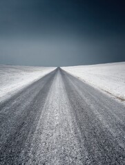 A straight road in the middle of magnificent sand dunes, dramatic photo, simple line drawing, symmetrical composition, at dusk, master of landscape photography, film emulsion fading effect
