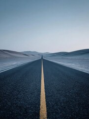 A straight road in the middle of magnificent sand dunes, dramatic photo, simple line drawing, symmetrical composition, at dusk, master of landscape photography, film emulsion fading effect