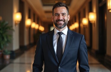 Fototapeta premium Smiling businessman in formal suit poses indoor. Successful, confident executive in luxury hotel, corporate event, business meeting. Stylish, elegant man looking at camera.