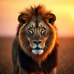 Fototapeta premium Here's a majestic portrait of a wild lion with a glorious mane, the king of the jungle basking in the sun