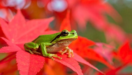 Naklejka premium Green Tree Frog on Red Maple Leaf in Autumn