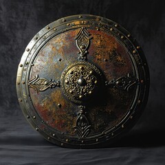 Naklejka premium An antique, weathered shield with intricate metal detailing and a circular design rests on a dark surface.