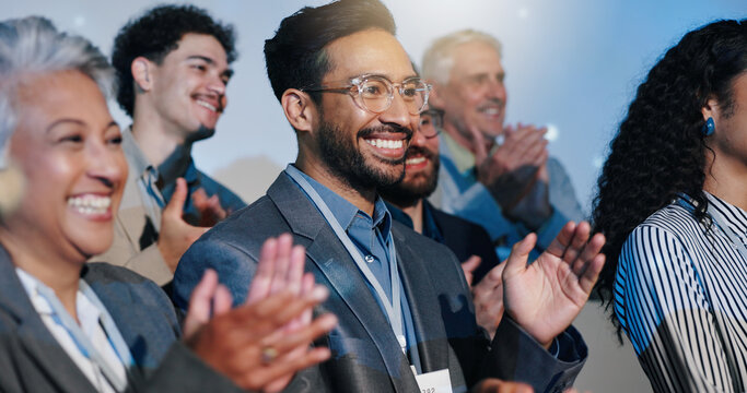 Applause, celebration and business people with forum for achievement, victory and goal. Clapping hands, presentation and audience of workers at thank you conference or good job meeting in workplace - Powered by Adobe