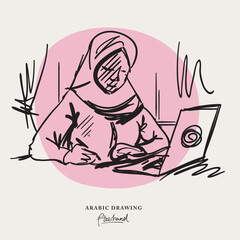 Arabic businesswoman drawing, sketch, hand-drawn, drawing design.