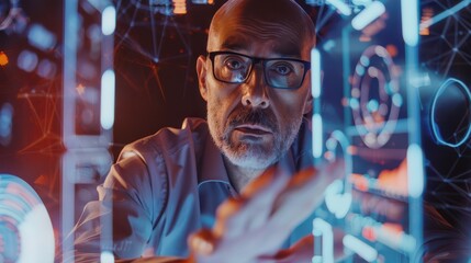 A focused individual interacts with futuristic digital interfaces, showcasing advanced technology, visualization, and data analysis in a dynamic environment.