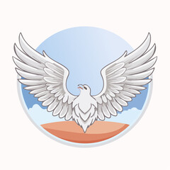 Obraz premium A stylized illustration of a white dove with outstretched wings against a backdrop of a blue sky, representing peace and freedom.